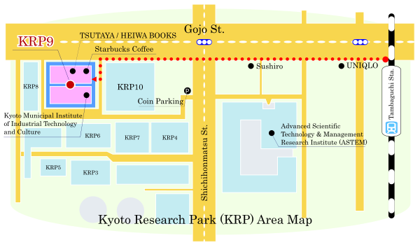 Directions from JR Tambaguchi Sta. to KRP9 Bldg. and vicinity map.