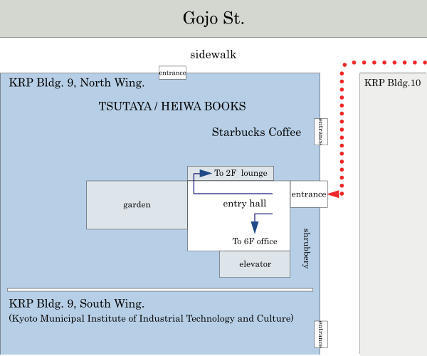 Directions to CJS Inc. office from the entrance hall on the 1st floor of KRP Building No. 9